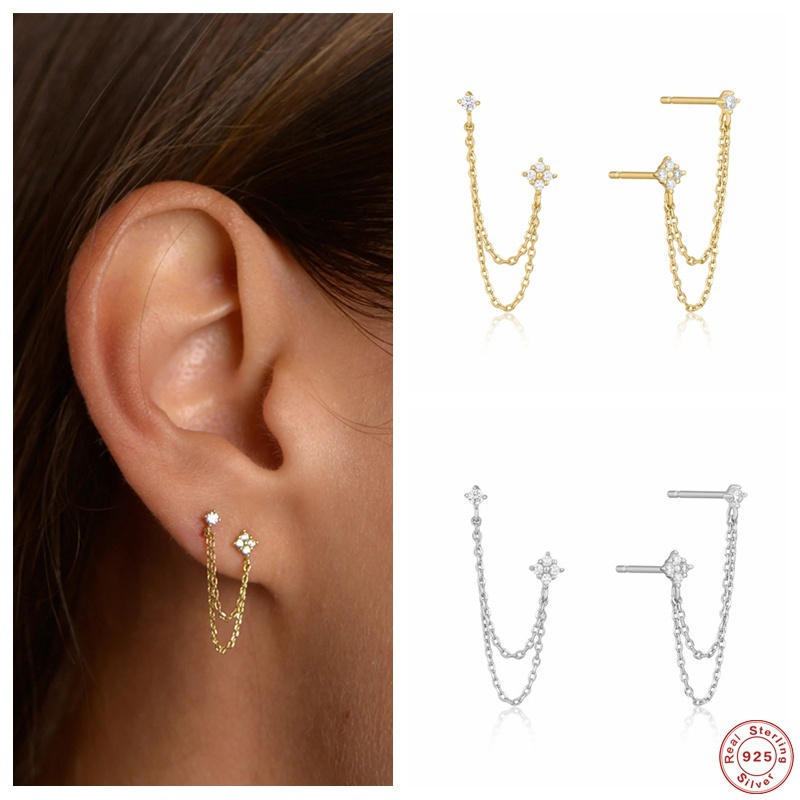 Anting Stud Rantai 925 Sterling Silver 14K Gold Hias Berlian Untuk Wanita