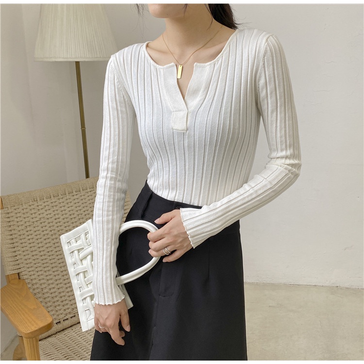 #Sisjuly# Wanita musim semi Perancis licik setengah terbuka dada v-neck slim fit sweater rajutan kem