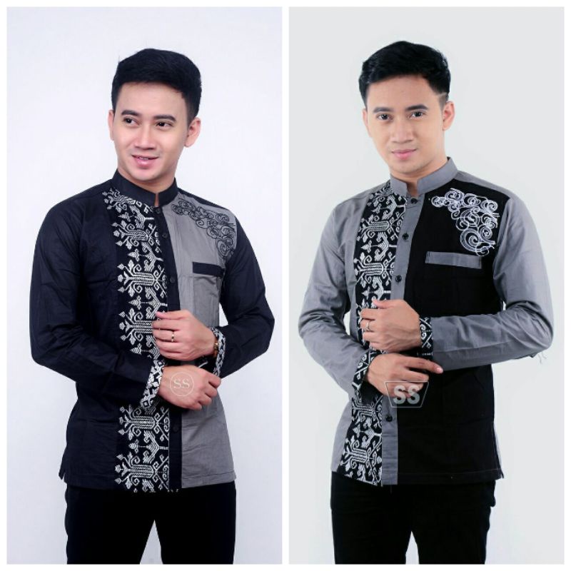 Baju Koko Pria Baju Koko Muslim Baju Koko Kombinasi Batik Lengan Panjang