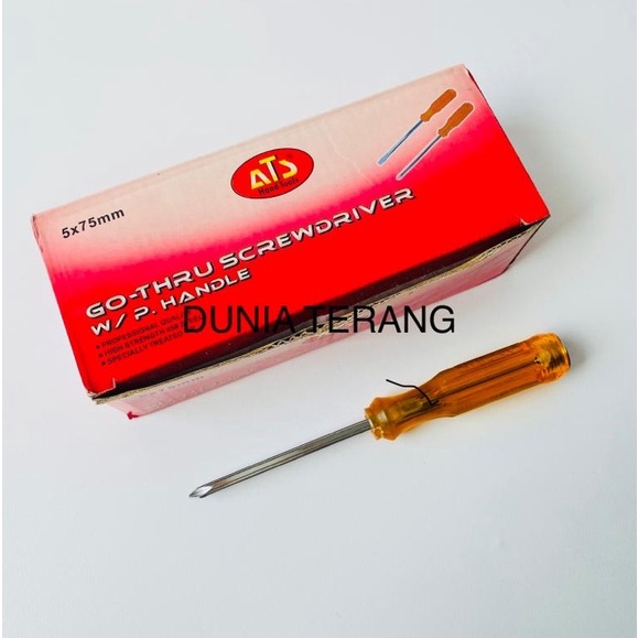 Obeng Gagang Plastik ATS Magnet 3'' 3in 3inch (+) (-) - Obeng Tembus gg Plastik Kuning - Obeng Ketok ATS Panjang Pendek Plus Minus - Go Trough Screwdriver - ATS 5X75mm