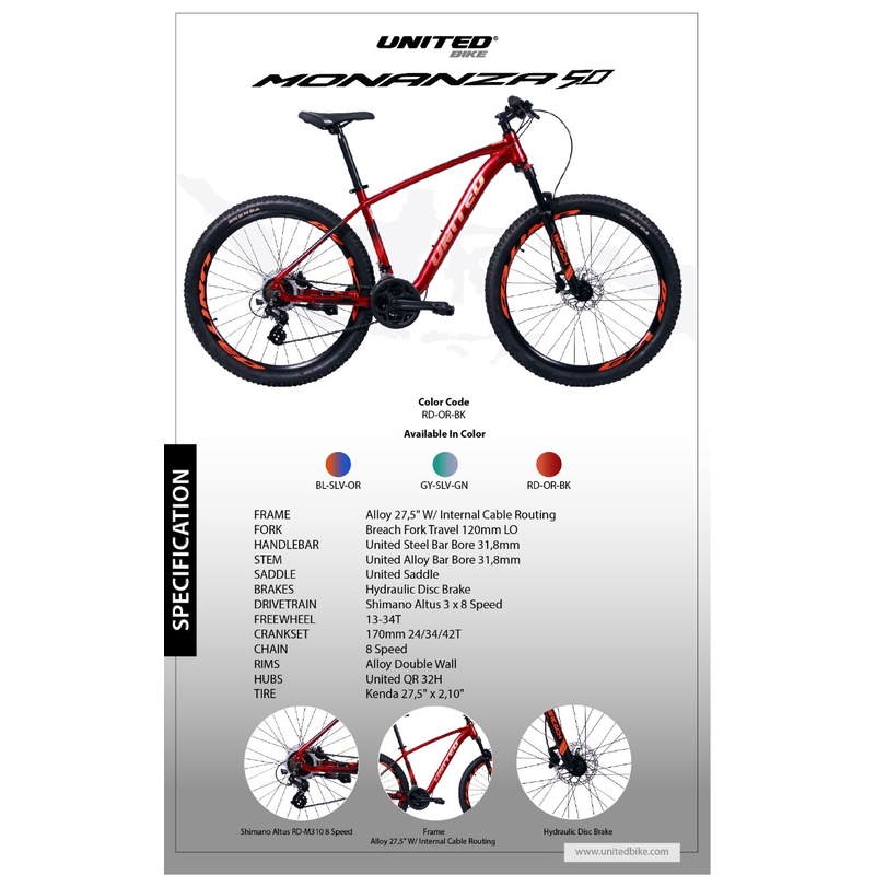 SEPEDA GUNUNG MTB 27.5 INCH UNITED MONANZA 5.0 NEW FREE TEMPAT BOTOL BEL KUBAH DAN SARUNG TANGAN