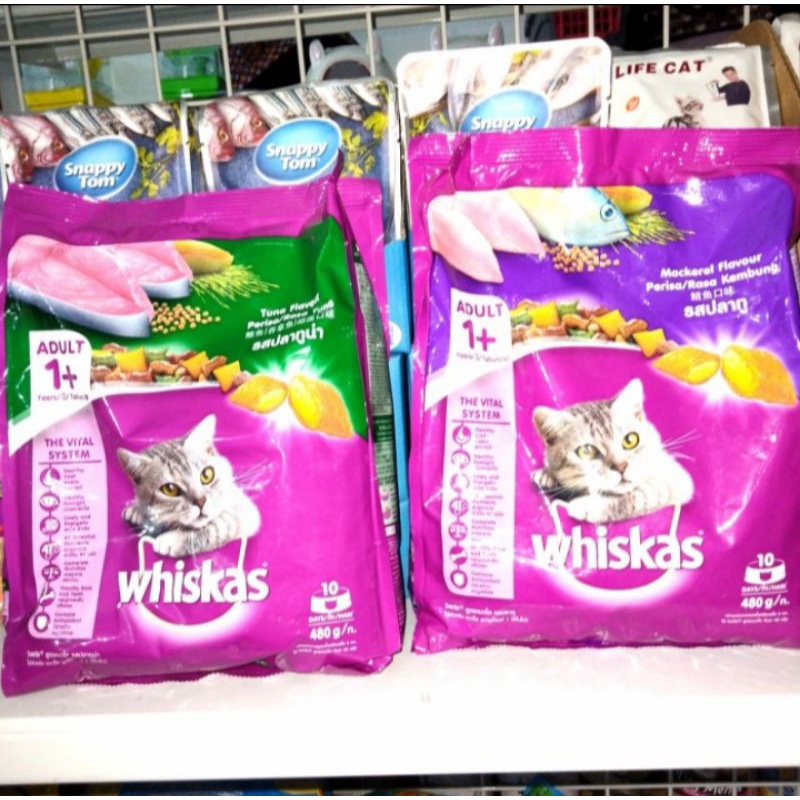 makanan kucing whiskas adult macarel kemasan 480gr