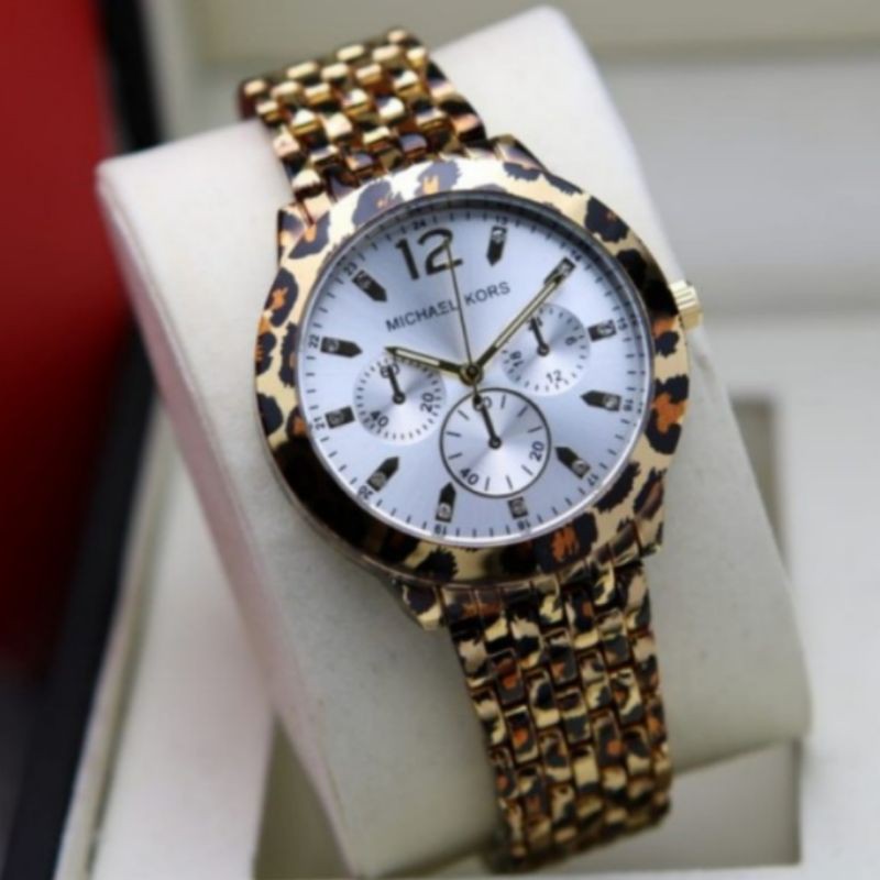 JAM TANGAN MICHAEL KORS LEOPARD-JAM MK RANTAI MOTIF MACAN SUPER-JAM WANITA MK MODEL ANALOG