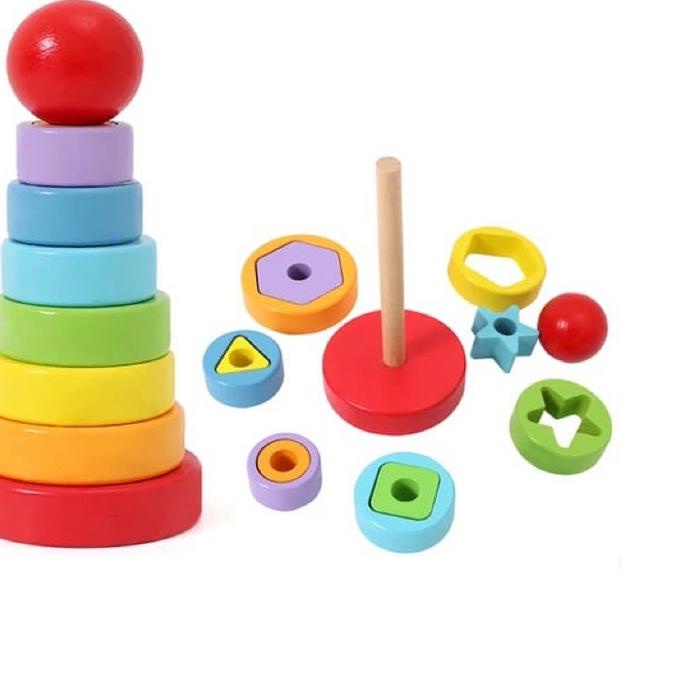 ✰ Edufontoys - RAINBOW TOWER /menara donat kayu / menara pelangi/ ring donat kayu ☛