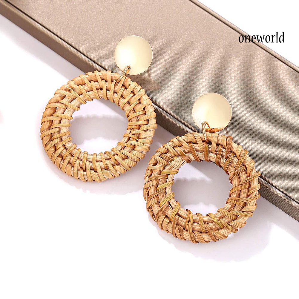 OW@ Bohemian Beach Rattan Woven Hollow Circle Drop Statement Women Stud Earrings