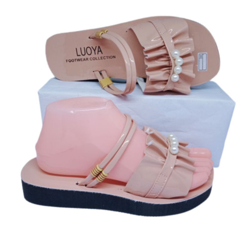 Sandal Wanita Sendal Wedges Kerut Mutiara 3 Cm