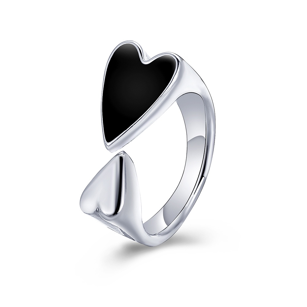 Cincin Model Terbuka Desain Hati Warna Hitam Bahan Silver Untuk Wanita