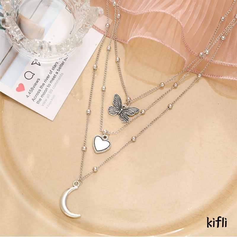 Kalung Korea,Mutiara Kupu Emas Perak Rantai,Multilayer Necklace,Wanita Aksesoris