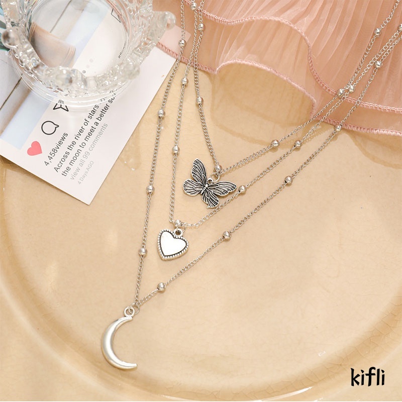 Kalung Korea,Mutiara Kupu Emas Perak Rantai,Multilayer Necklace,Wanita Aksesoris