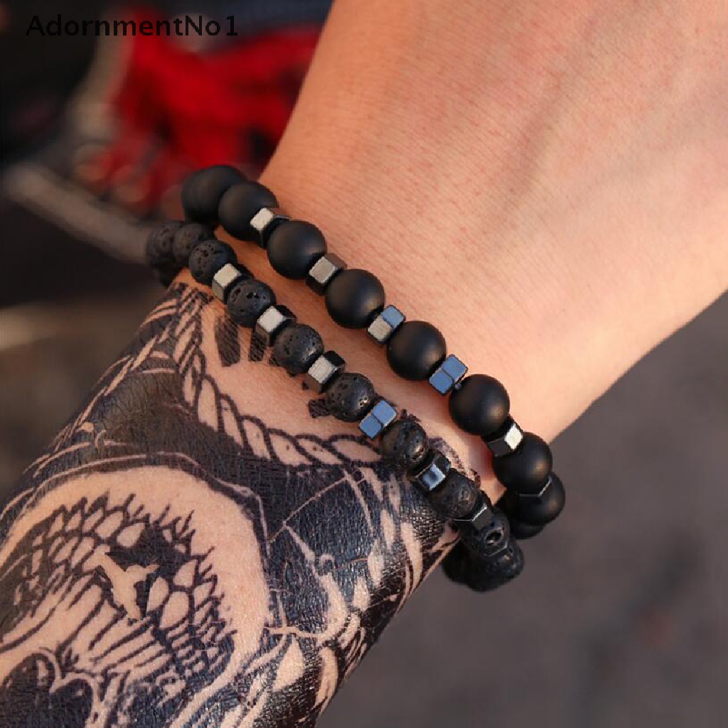 (AdornmentNo1) 2pcs / Set Gelang Manik Batu Lava Volkanik Alami Elastis Untuk Pria