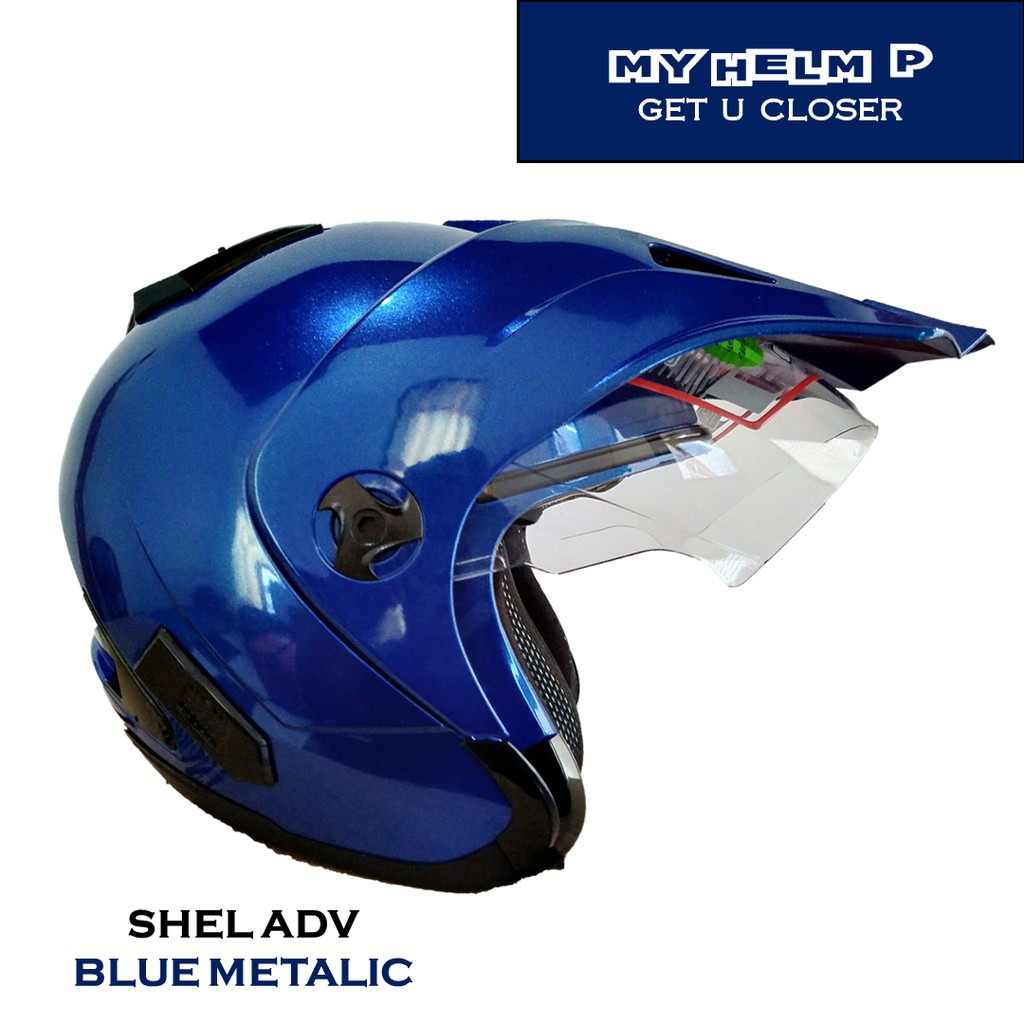 Helm SUPER MOTO SHEL ADV Double Visor Polos Warna Biru Metalic