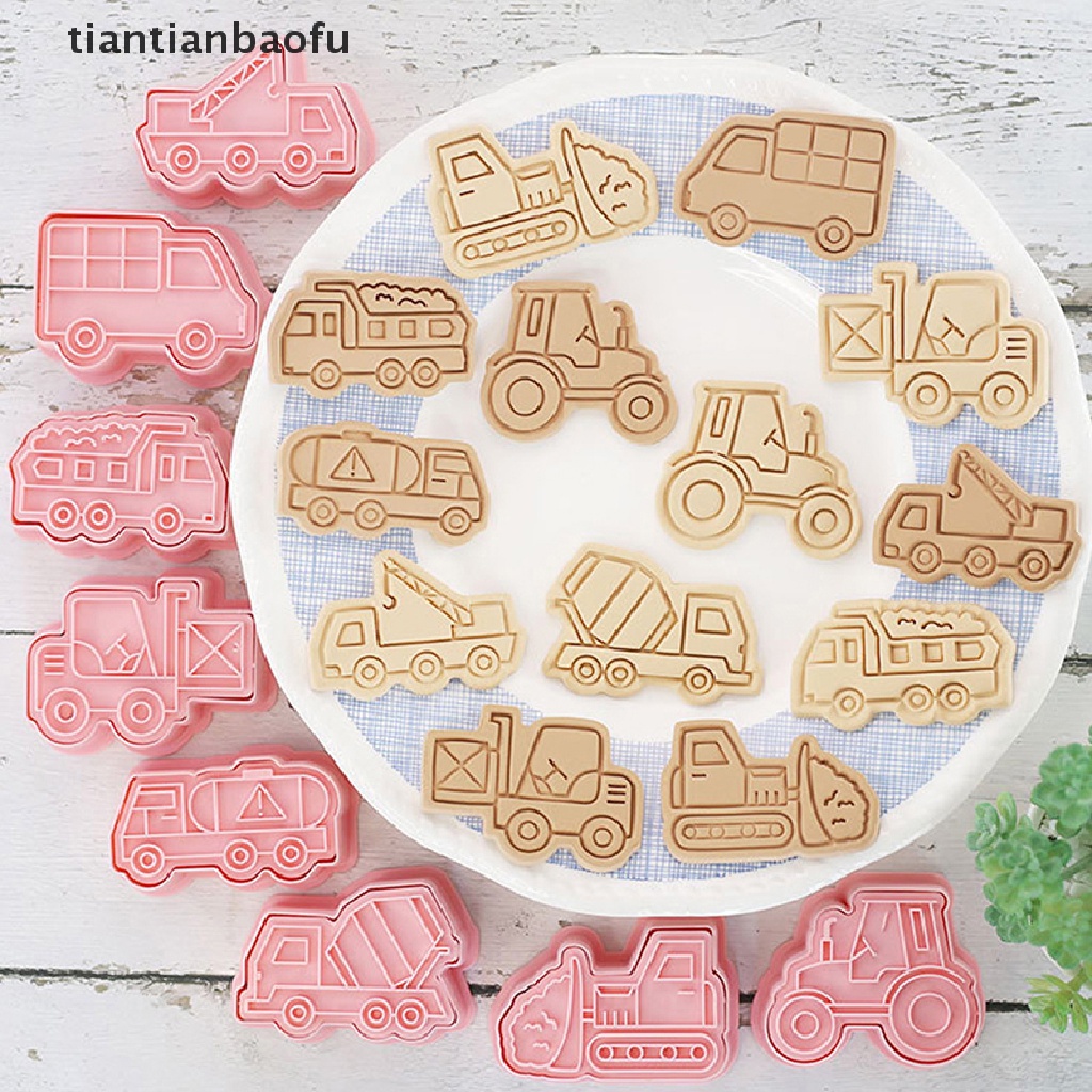 8pcs / set Cetakan Pemotong Kue / Biskuit / Fondant DIY Bentuk Kartun Mobil 3D