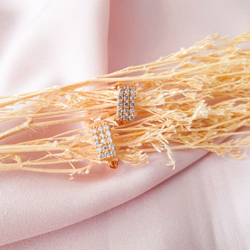 Anting klip / jepit permata persegi full emas asli kadar 375