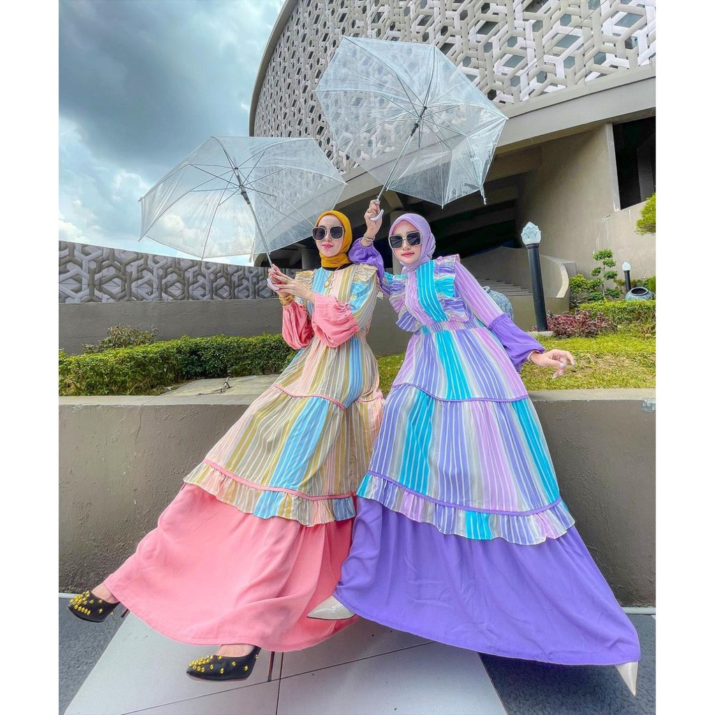 Gamis malaysia pelangi nabila bahan woolpeach  merk extu 