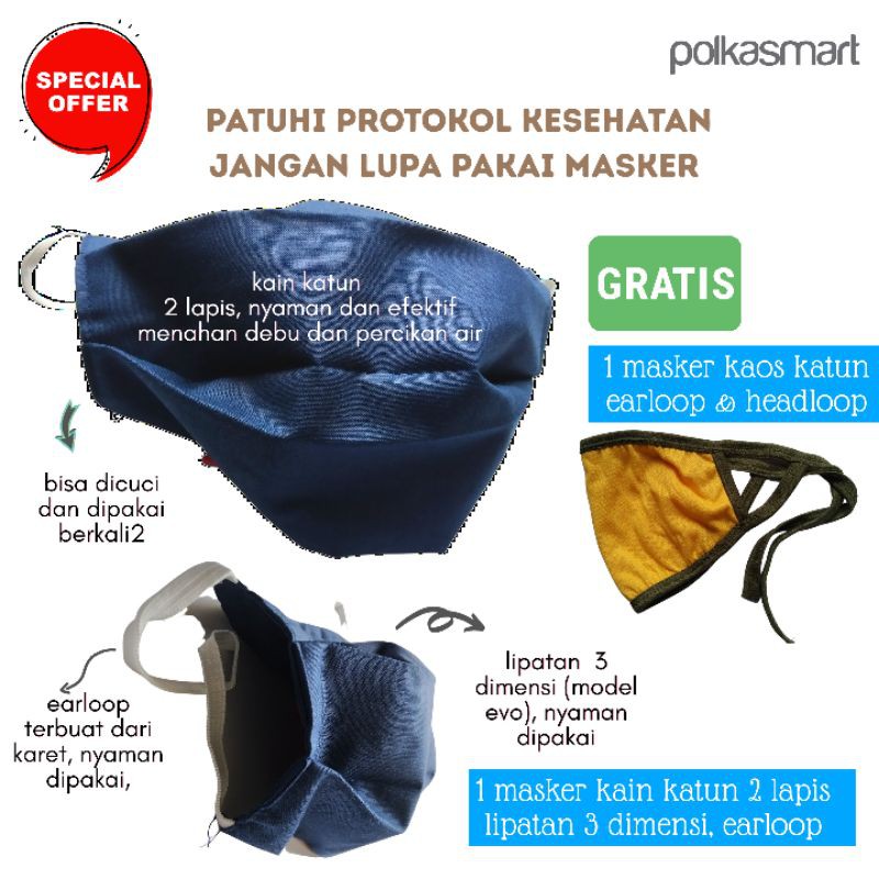 Masker Kain 2 Lapis Tebal Lebar Nyaman Model CottonInk 3D, Earloop/Hijab, Murah Berkualitas