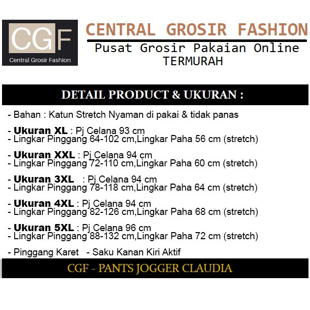 Pants Jogger Claudia - Central Grosir Fashion (CGF) - Ukuran XL-5XL - Matt Katun Stretch