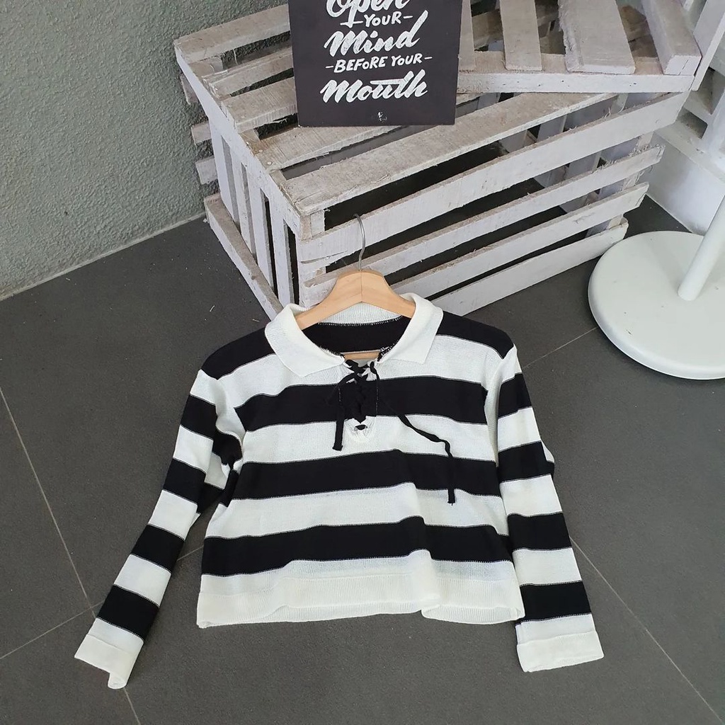 Atasan Wanita Sweater Crop Kerah Fuji Tali Bahan Rajut Korean Style Terbaru