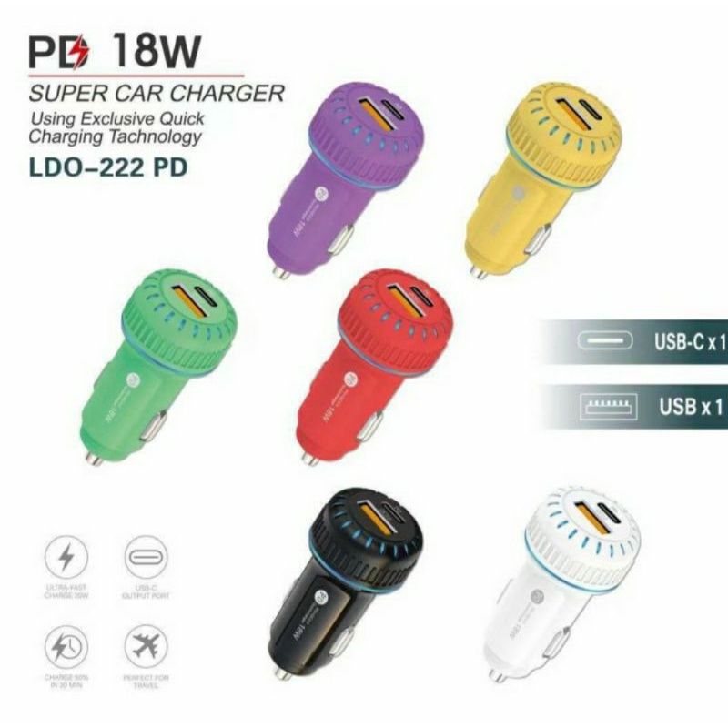 Charger Mobil Macaron Indikator Led Biru two in one PD 18 W &amp; Qualcom 3 A Super fastcharging