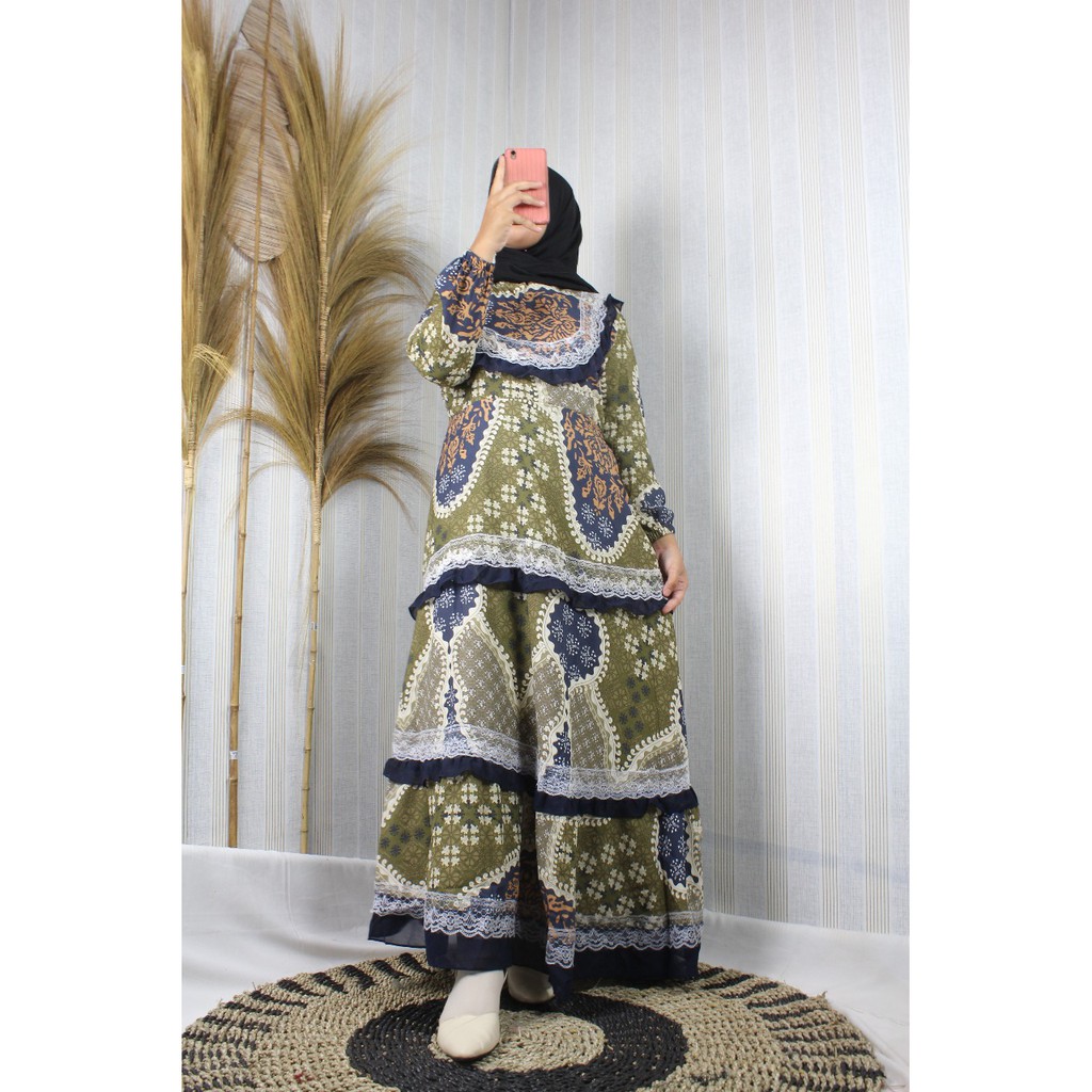 Dress wolfis MOTIF printing MONALISA sultan renda serut terbaru