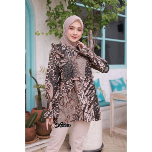 tey-17 Batik wanita ASJ SA HRB026 Kenongo Kemeja Tosca Pendek-Widodari Seno Kawung