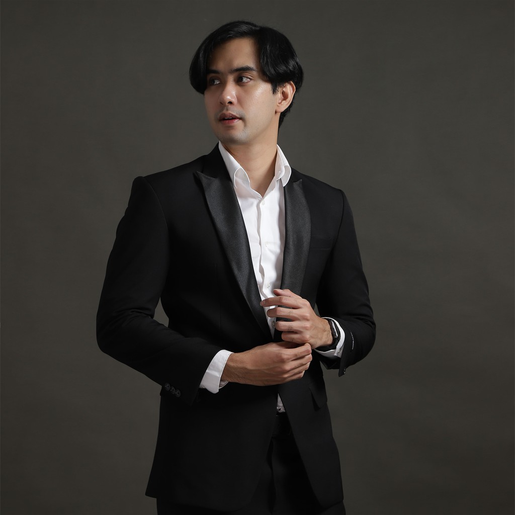 Setelan Jas Celana &amp; Rompi Premium - Hitam Peak Lapel Mengkilap - VENTE SERIES - GOLDY OUTFIT