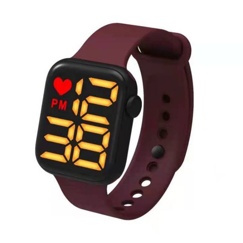 Jam Tangan Rubber Karet Wanita Perempuan Trendy Digital LED Jam Tanggal Tahun-Maroon