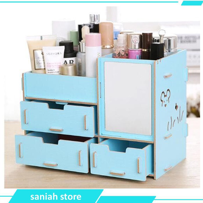 Rak Kosmetik Bahan Kayu CERMIN Desktop storage kotak Penyimpanan Sisir Parfum Bedak kalung Gelang