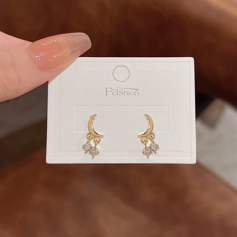 Anting Tusuk Sterling silver 925 Desain Bintang / Bulan Hias Zircon Untuk Wanita