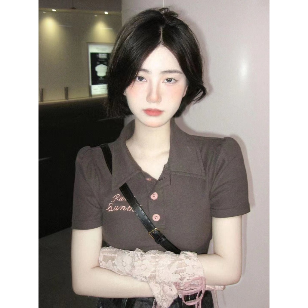 Suhao luar biasa!! [Kemeja polo keinginan murni] hong kong gaya hot girl kerah lengan pendek ins net merah pendek retro t-shirt top trendi