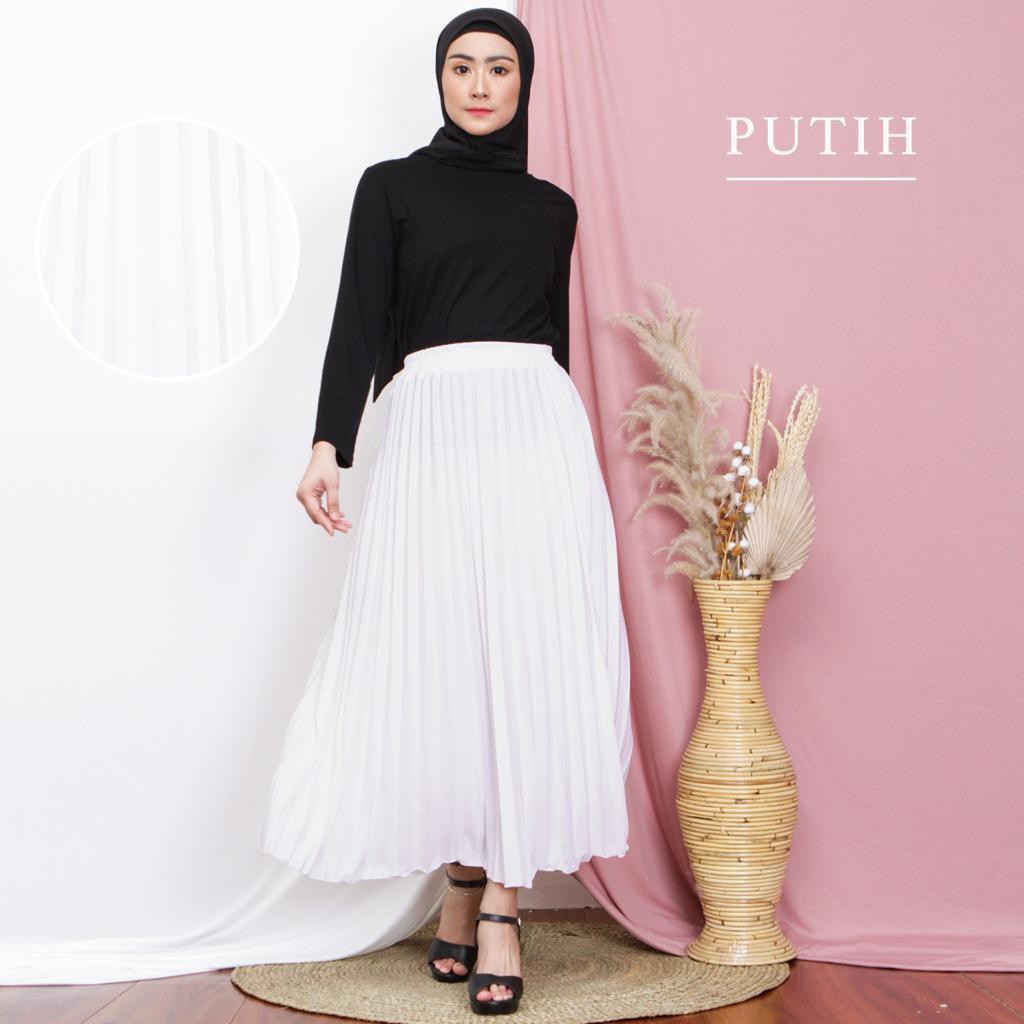 ROK PLISKET MURAH PRISKET PLEATED SALE POLOS REMPEL MUSLIMAH SKIRT ABG FLARE SKIRT MAYUNG FLOWY-PUTIH