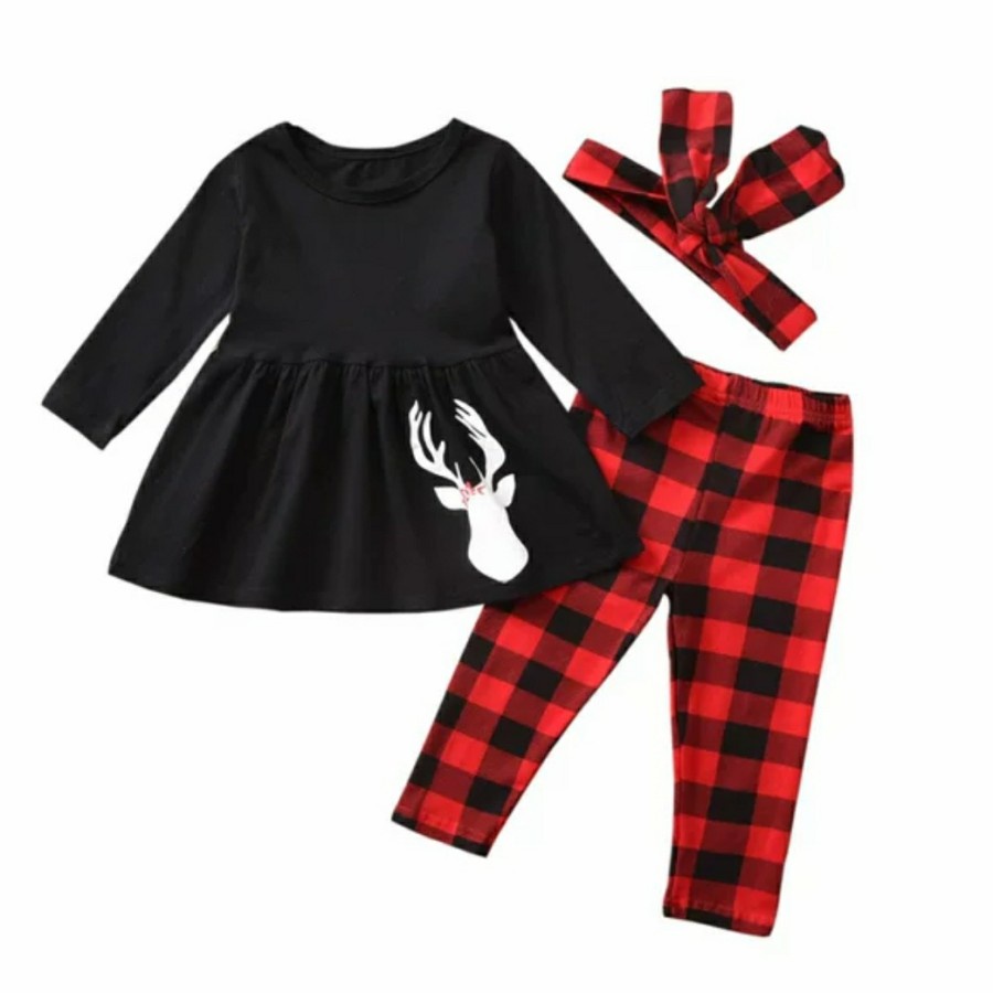 Christmas Set Girl Black Top w Black Red Checkered pants Setelan natal