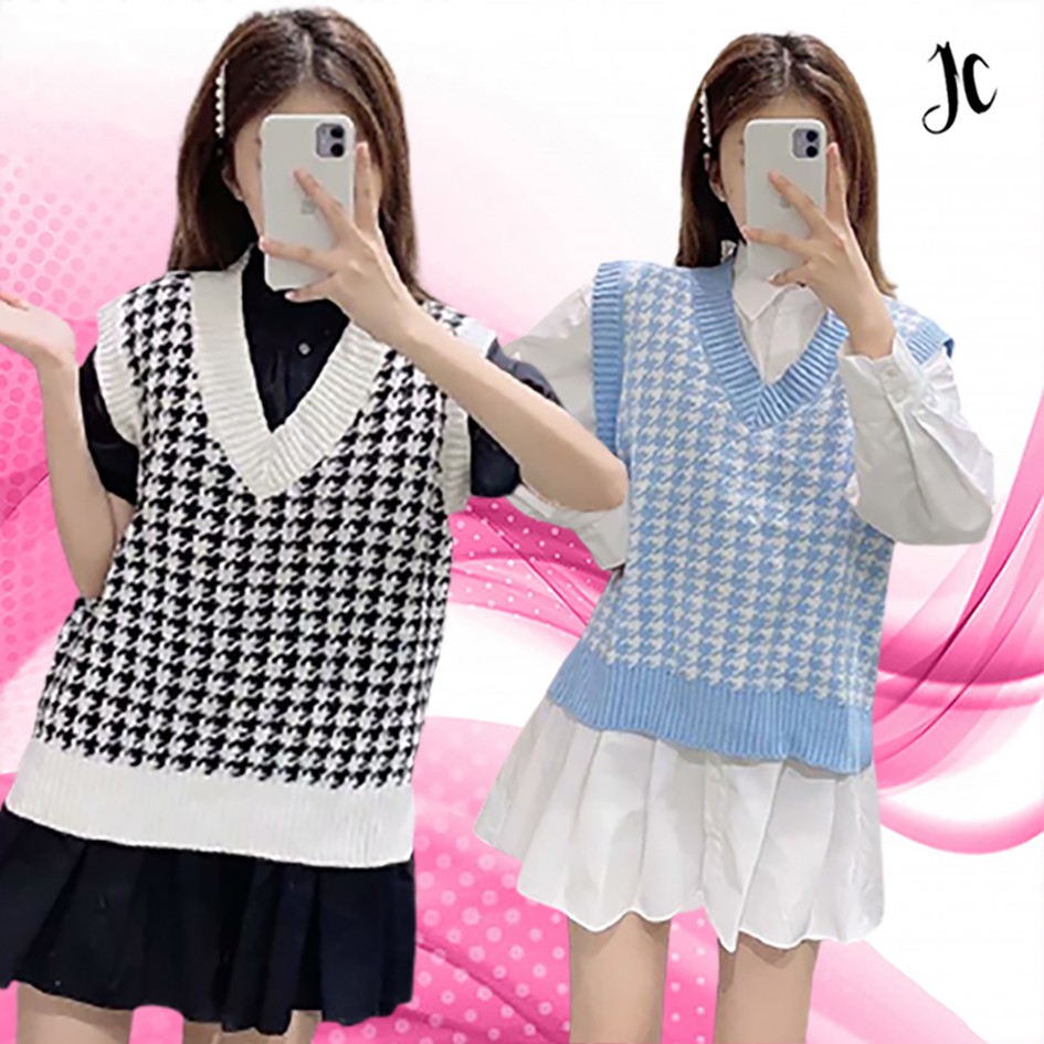 Vneck Rompi Rajut Crop / Vest Rajut Wanita Oversize Houndstooth Knitted Vest Sweater Hanny JCCollections