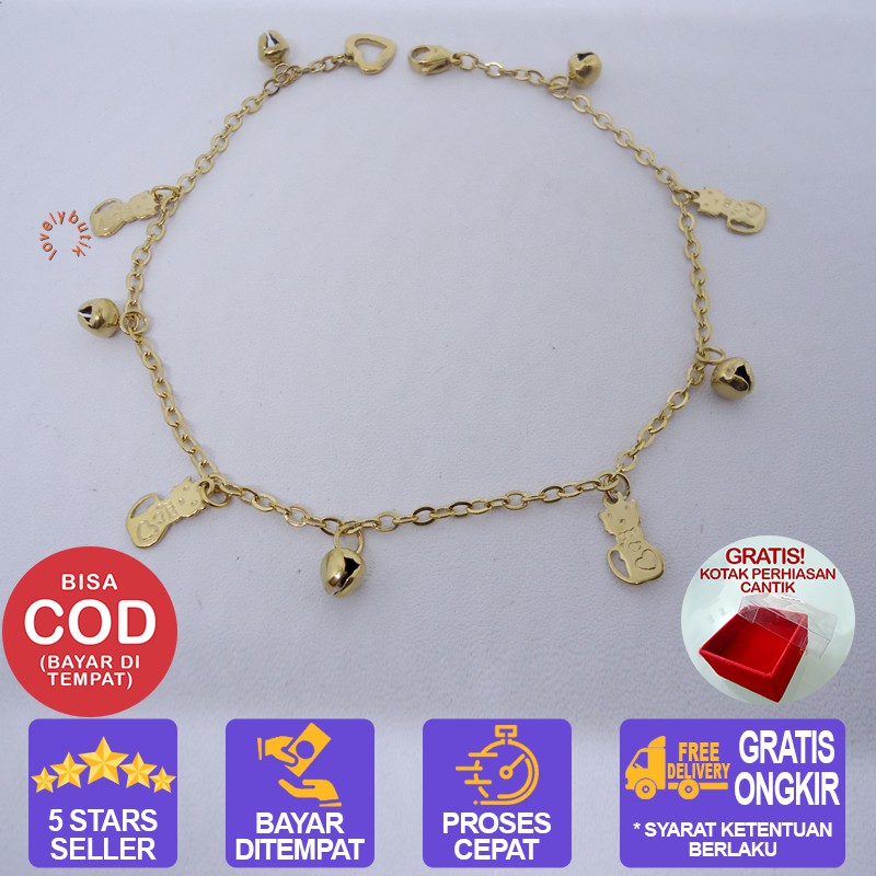 Lovelybutik Gelang Kaki Titanium Anti Karat kitten Lonceng Gelang Kaki Wanita BONUS KOTAK PERHIASAN