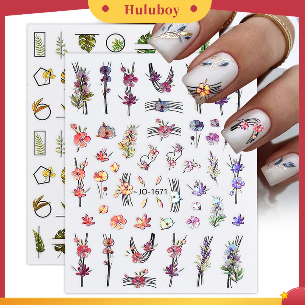 Huluboy Huluboy♡ Stiker Kuku Motif Bunga Sparkling Tahan Air Dengan Perekat Untuk Nail Art