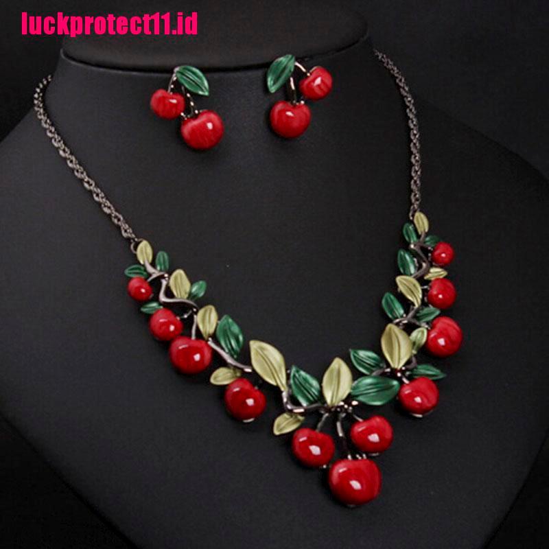 (LUCK) 1 Set Kalung Choker + Anting Tusuk Motif Buah Ceri Merah Untuk Wanita / Pesta Pernikahan