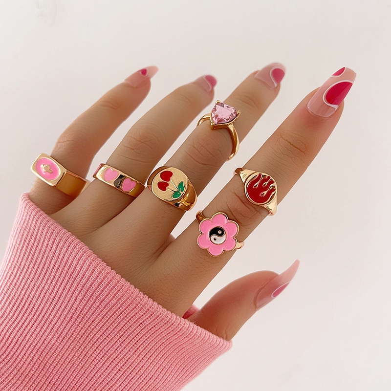 2022 Set Cincin Desain Bunga Tulisan Love Hias Berlian Warna Pink Hijau Untuk Wanita