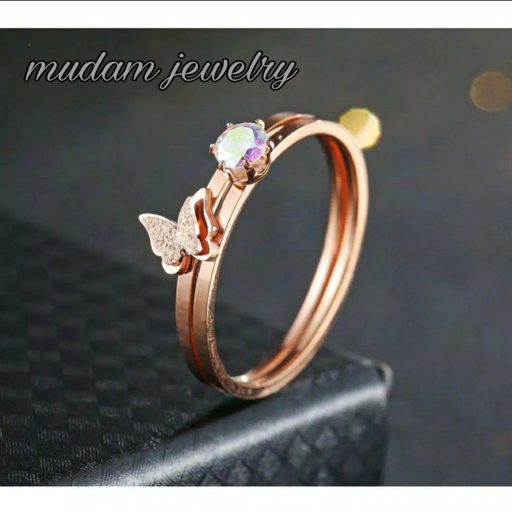 Cincin Titanium Mini Aksen Kupu - Kupu 2 in 1 Dengan Zirkan Rose Gold, Gold dan Silver