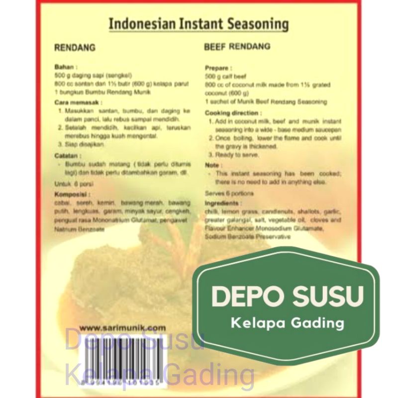 Bumbu Instant Munik Rasa Rendang Soto Betawi Sop Buntut Kepiting Saos Padang Nasi Hainam Sayur Asam Opor Ayam Empal Soto Rawon Tom Yum Yam Goreng Gulai Semur Sambal Goreng Kentang Udang Kuah Bakso Uduk Betawi Mie Gado Kuning Panggang Sate Padang Teri