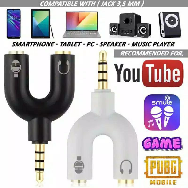 Splitter Audio U Shape 2 in 1 Mic &amp; Audio Jack 3,5mm Male to Dual Female For Microphone Headphone Handphone Komputer Speaker Laptop PC