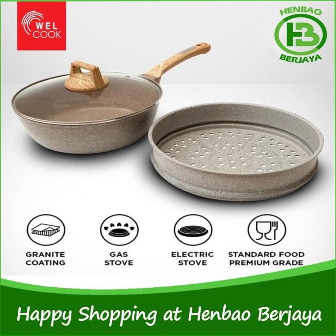 Welcook Elegante Wok Steamer 3Pcs Set 26cm Granite Ceramic Panci