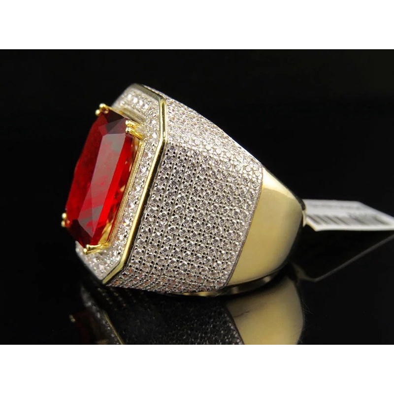 Cincin Pria Mewah Berkelas Batu Akik Red Ruby Cubic Zirconia Ring Gold Platted