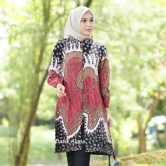 Batik Wanita Modern Tunik Premium Lengan Panjang Atasan Batik Kantor Wanita Dewasa Terbaru Kekinian Resleting Full Furing Baju Batik Couple Wanita Modern Jumbo Lengan Panjang FASHION BATIK ALUNA