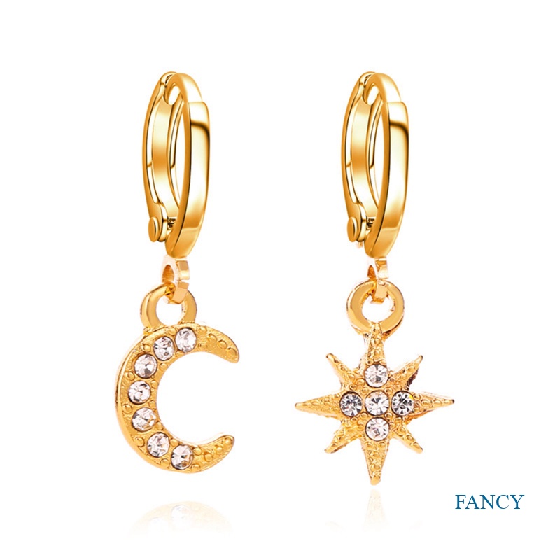 Anting Juntai Bentuk Bulan Bintang Asimetris Geometris Gaya Korea Klasik Untuk Wanita