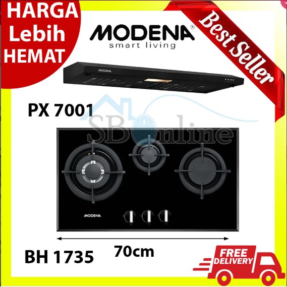 MODENA Paket Kompor Tanam 3 Tungku 70 cm dan Cooker Hood 70 cm - BH 1735 &amp; PX 7001