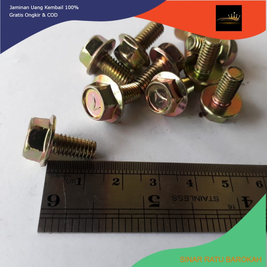 FLANGE BOLT M6X12 / BAUT TOPI M6 X 12 KUNING KUNCI 10 PANJANG 1,2CM 1,2 CM KUNCI RING 10 SINAR RATU 