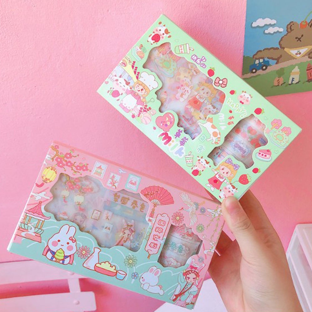 ELEGANT 13pcs/set Scrapbooking Sticker Set Cute Kawaii Decorative Sticker Masking Tape DIY Scrapbooking Bear Bunny Rabbits Unicorn Duck Cat Gift Box Stationery Prince Princess Dessert Adhesive Decals