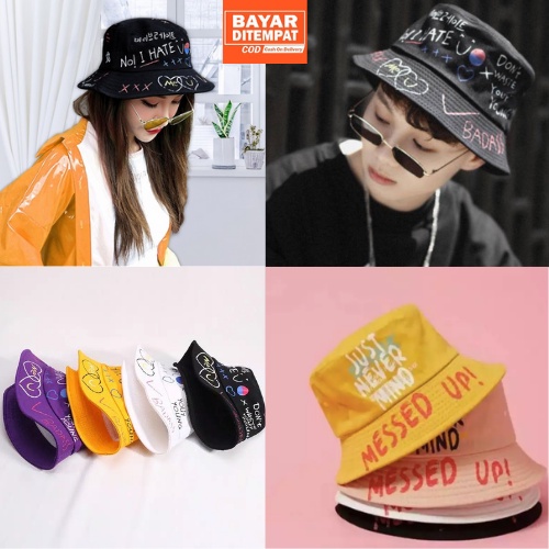 Topi Bucket Korea Sablon Badas &amp; Messed Up Laki Cewe Bahan Drill Premium