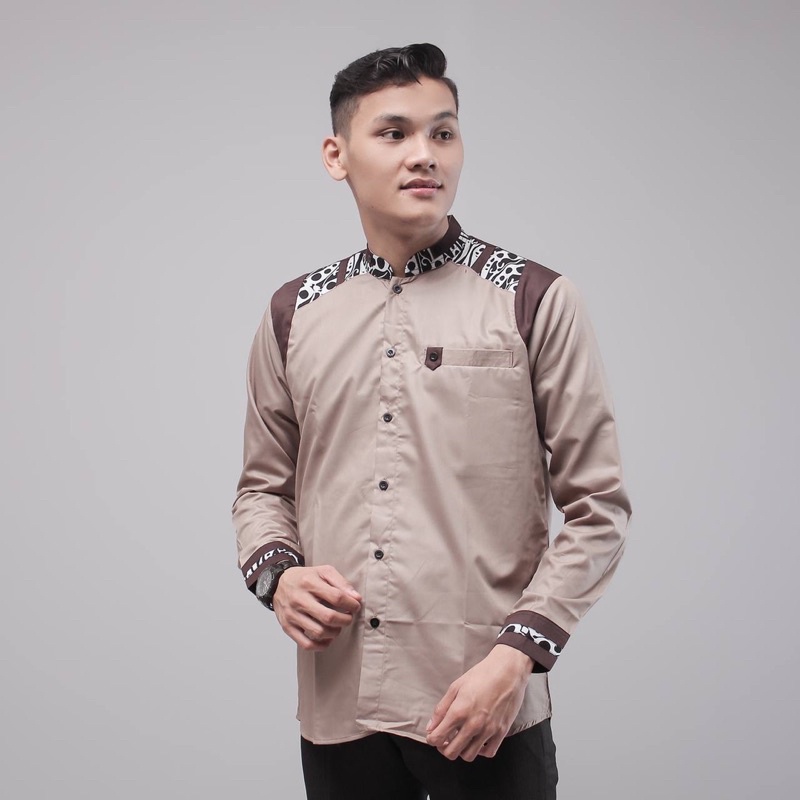 Baju Koko Pria Dewasa Lengan Panjang Motif Tanduk Rusa Kombinasi Batik Warna Coklat