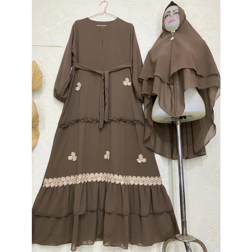 Gamis Syari Ceruty Renda / Gamis Terbaru Mix Renda Bunga Cantik / Gamis Ceruty Babydoll