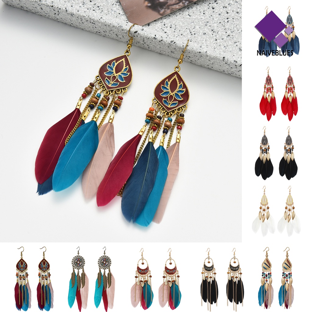 Naiveblue 1 Pasang Anting Kait Gantung Wanita Desain Bulu + Manik-Manik Warna Warni Gaya Retro / Bohemian Untuk Pesta